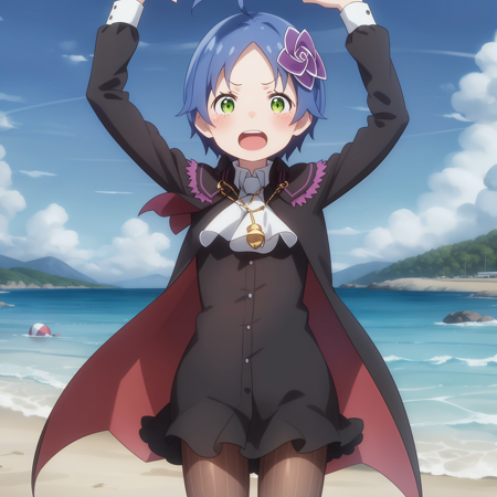 <lora:Meili-000060:1>,
anime screencap, beach,
1girl, solo, green eyes, blue hair, short hair, hair ornament, open mouth, pantyhose, cape, striped, looking at viewer, striped pantyhose,white necktie,arms up,