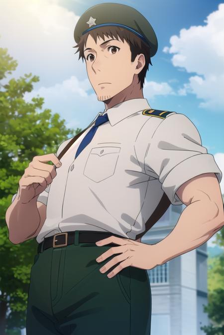 youjiitami, <lora:youji itami s1s2-lora-nochekaiser:1>,
youji itami, brown hair, (brown eyes:1.5), male focus, mature male,
BREAK shirt, hat, white shirt, necktie, collared shirt, belt, pants, uniform, beret, green necktie,
BREAK outdoors, forest, nature, grass, trees, sun, sky, clouds,
BREAK looking at viewer, (cowboy shot:1.5),
BREAK <lyco:GoodHands-beta2:1>, (masterpiece:1.2), best quality, high resolution, unity 8k wallpaper, (illustration:0.8), (beautiful detailed eyes:1.6), extremely detailed face, perfect lighting, extremely detailed CG, (perfect hands, perfect anatomy),