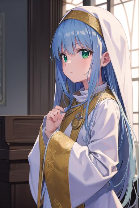 index, (green eyes:1.5), blue hair, long hair, habit, long sleeves, nun, robe, white robe, wide sleeves,