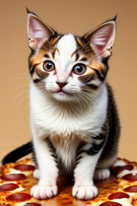Create a photorealistic kitten cat featuring dripping wet pizza all over her body, ear, face, exposing cute look paws, big and clear eyes