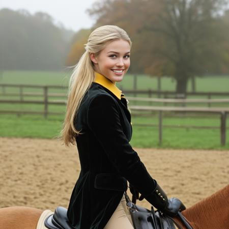 score_9, score_8_up, score_7_up, cinematic film still, athletic blonde, fair skin, attractive face and black riding boots, no makeup, facial pores, 23 years old, fox hunting attire, beige breeches, fitted canary yellow shirt, subtle sheen, black riding coat, tailored fit, silver brooch, horse riding symbols, black velvet hunt cap, rainy autumn day, black riding boots have tan cuff, sexy, wet hair, smirk, smile, flirty, small teeth