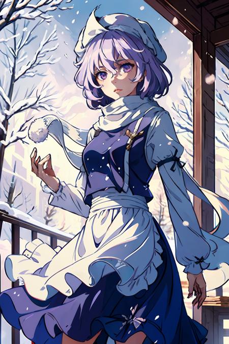 letty whiterock 1girl, hat, scarf, short hair, light purple hair, purple eyes, long sleeves,puffy sleeves,waist apron,skirt, 