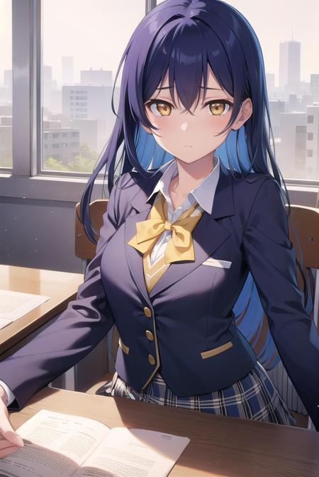 umisonoda, <lora:umisonoda-lora-nochekaiser:1>, 
umi sonoda, long hair, blue hair, (yellow eyes:1.5) (flat chest:1.2),
BREAK blazer, blue skirt, jacket, otonokizaka school uniform, pleated skirt, school uniform, winter uniform,
BREAK looking at viewer,
BREAK indoors, classroom, 
BREAK <lyco:GoodHands-beta2:1>, (masterpiece:1.2), best quality, high resolution, unity 8k wallpaper, (illustration:0.8), (beautiful detailed eyes:1.6), extremely detailed face, perfect lighting, extremely detailed CG, (perfect hands, perfect anatomy),