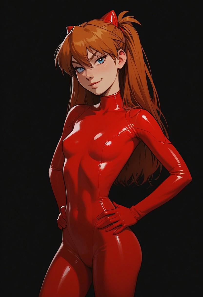 score_9, score_8_up, score_8_up, godrays, Asuka Langley Soryu, sexy body, big ass, perfect ass, round ass, toned thighs, thick thighs, slender waist, slender body, small breasts, perky breasts, perfect breasts, athletic, shiny look, smirk. confident.  evil expression, red hair, side boobs, hands on hips, turned to the side, looking over shoulder, lookiing at viewer, looking at camera, 
slutty, horny, slut, skin tight latex catsuit, red catsuit, skin tight clothes, no makeup,  narrow waist, excited, athletic, sexy body, small tits, small breasts,hair bangs, (skin indentation:1.5), midriff, toned body, pale skin,