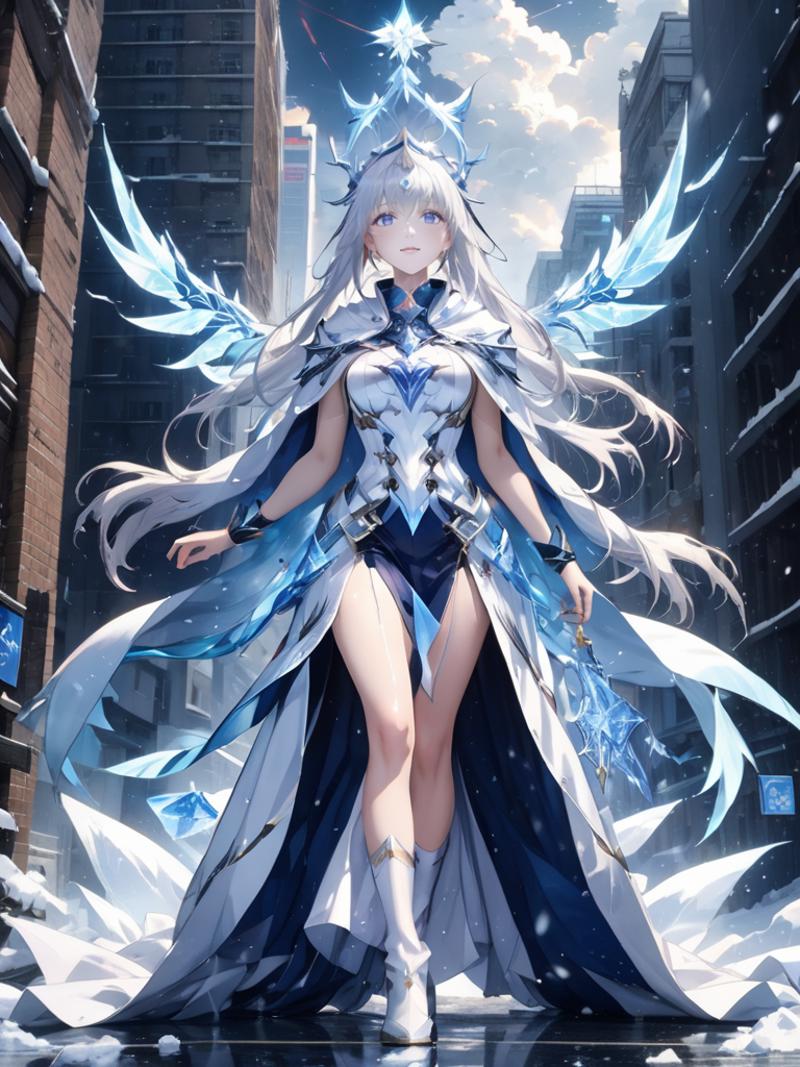 Anime-style, winged character in a blue and white dress, standing in a snowy environment.