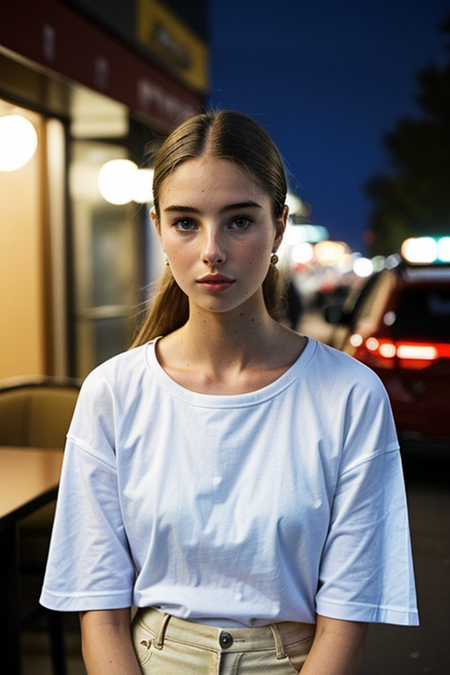 BrooksBaldwin, portrait of a woman in front of a diner at night, raining, perfect eyes