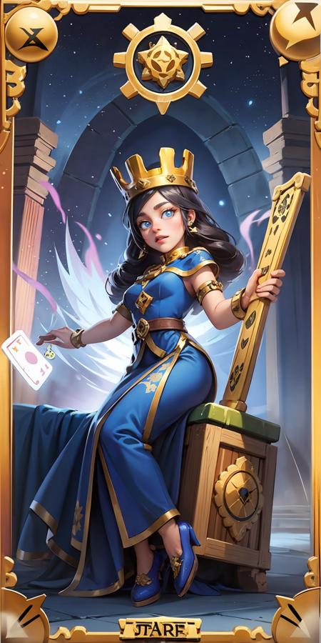 concept art,tarot cards,border,European pattern,1girl,solo,long hair,roman numerals,crown,stars (symbols),blue eyes,dress,looking at the audience,jewelry,<lora:æ¬§ç¾æ¸¸æå¡éç¾å®£2:0.6>,