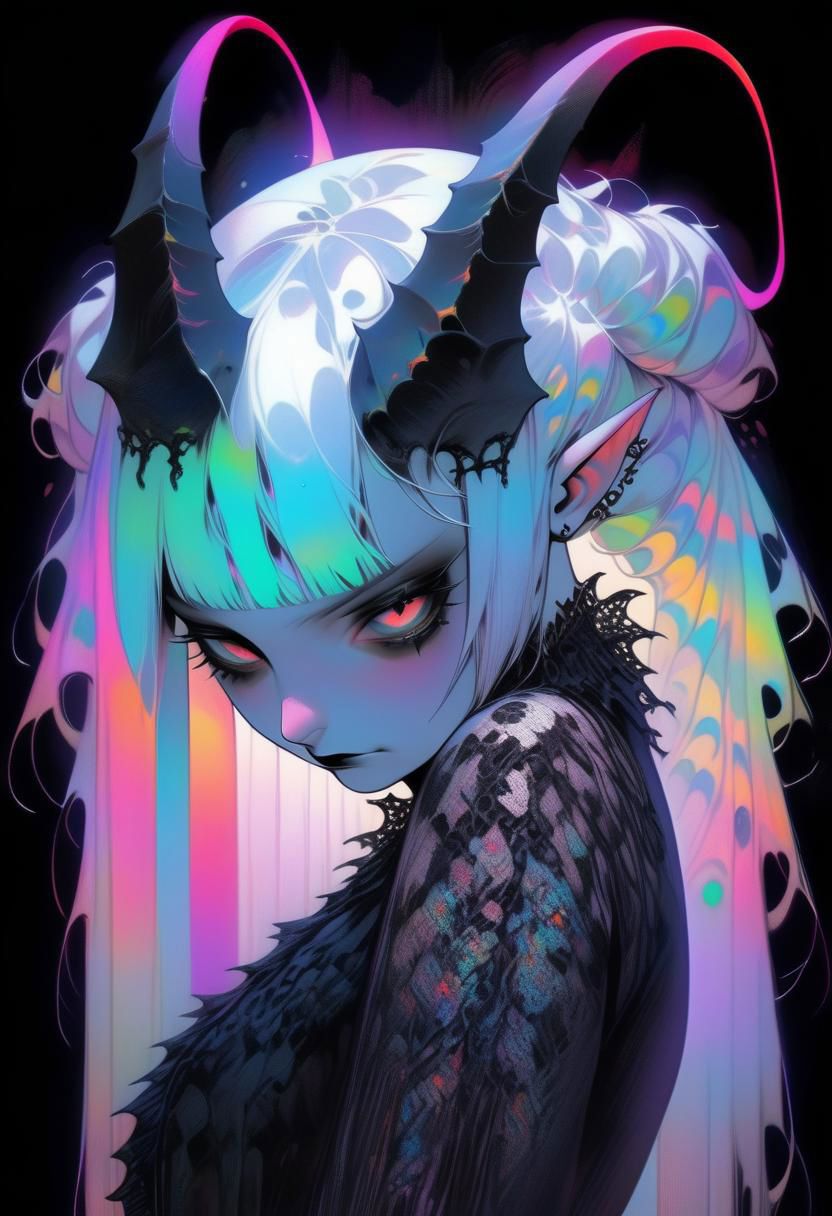 pale demon girl , prismatic coloring, holographic vibe, chromatic black lace blouse, gothic background, (long straight hor...