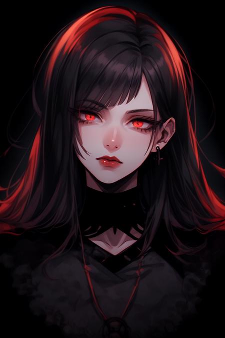 goth girl woman, pale skin, red lips,  japanese bang, high quality, red eyes, simple background, dark background, serious look,  black clothes, choker, detailed face, detailed eyes, black hair, eyelashes, earrings, portrait,  <lora:Goth_girl-v3-000002:0.8>, <hypernet:anime:1.0><hypernet:anime:1.0>