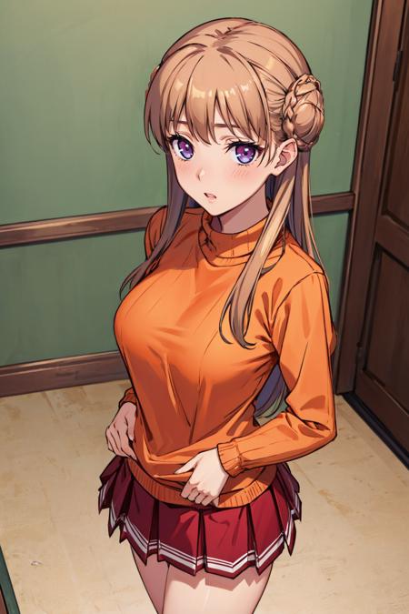 masterpiece, best quality, <lora:nmascot-nvwls-v1-000008:0.8> nmascot, orange sweater, pleated skirt, cowboy shot, standing, indoors, blushing, from above, nervous, wide-eyed