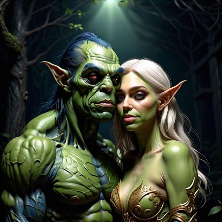 Ultra realistic full body color pencil drawn  portrait of an orc and his elf girlfriend making out.
BREAK
Deep dark intense midnight blue foggy background,
dynamic lighting, (soft shadows), (soft focus),  (photo realistic), uhd, 8k