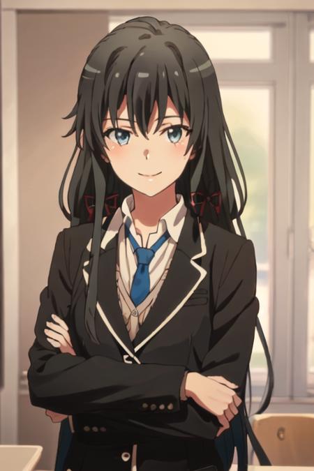 best quality, masterpiece, highres, solo, {yukino_yukinoshita_yahariorenoseishunlovecomewamachigatteiru:1.15}, long_hair, black_hair, ribbon, blue_eyes, hair_ribbon, blazer, 1girl, black_jacket, blue_necktie, formal, jacket, looking_at_viewer, necktie, shirt, smile, suit, upper_body, white_shirt, bangs, hair_between_eyes, closed_mouth