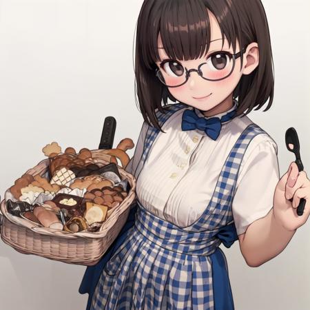 masterpiece, best quality, ultra-detailed, illustration,
(1girl,solo:1.4), glasses, blush, shy, smile, looking at viewer, full body, face focus, black hair, medium hair,
KRU, blue skirt, blue bowtie, blue bow, blue apron, white shirt, waitress, high-waist skirt, short hair, short sleeves, gingham apron,
black eyes, bread, food, tongs, holding, basket,
 <lora:kobeya_U_SD15_V5:1>