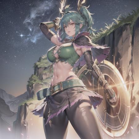 Tira, (holding a ringblade:1.4), (1 ringblade:1.3), 
(perfect shiny skin:0.6),  brown eyes, 
green and black hair, shiny,
pose, looking at viewer, 
huge breasts, slender waist,
town, field, 
slim and smooth lines, extremely detailed CG unity 8k wallpaper, absurdres, incredibly absurdres, ultra detail, high resolution, ultra detailed, best quality, amazing, top quality, 
cinematic lighting, (original: 1.2), (realistic: 1.5), (magician:1.2), 
 <lora:Tira:0.6>