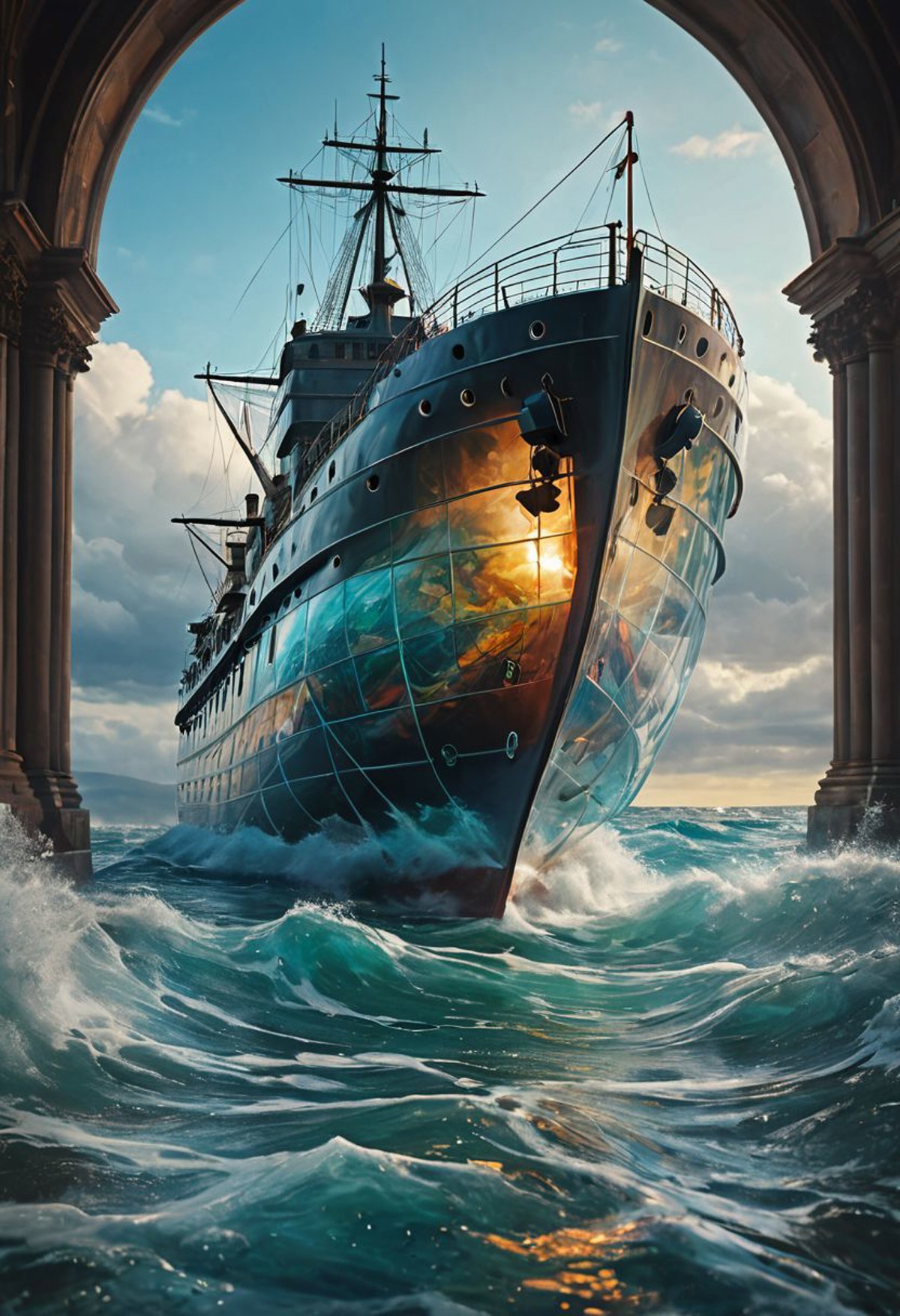 hyperrealistic painting of a transparent glass ship in revolt sea, (liquid body:1.5), see-through, ethereal, 8k resolution...