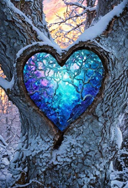 snow covered oak tree stands in the middle of the forest, 
there is a hole in the trunk of the tree with a iridescence Swarovski heart inside, 
colored light shines through the heart, 
show the icy branches hanging down, 
winter background, 
in style of Josephine Wall., 
Broken Glass effect, 
no background, 
stunning, 
something that even doesn't exist, 
mythical being, 
energy, 
molecular, 
textures, 
iridescent and luminescent scales, 
breathtaking beauty, 
pure perfection, 
divine presence, 
unforgettable, 
impressive, 
breathtaking beauty, 
Volumetric light, 
auras, 
rays, 
vivid colors reflects