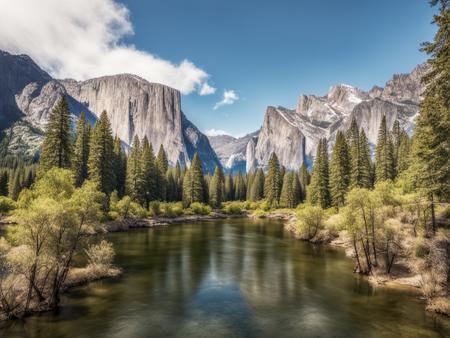 best quality,masterpiece,highers,4k,8k,realistic,
yosemite,forest,tree,bush,grass,water,river,mountain,blue_sky,sky,day,cloud,nature,no_humans,outdoors,scenery,