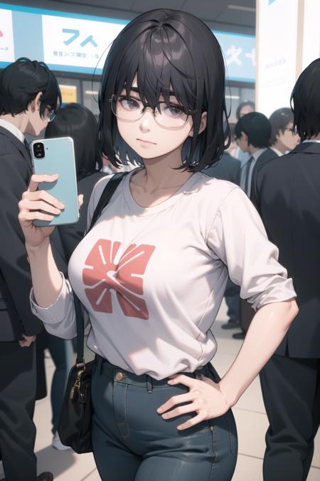 <lora:shirosaki-000034:1> shirosakisaori, glasses, casual, pants,
1girl, tokyo big sight, selfie