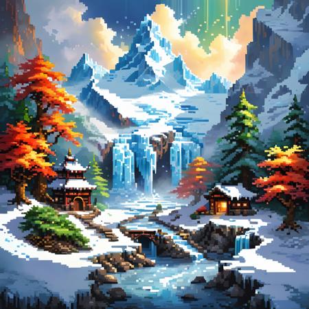 pixel art,<lora:pixel_art:0.7>,
ornate,beautiful,atmosphere,vibe,mist,smoke,chimney,rain,well,wet,pristine,puddles,red and yellow flowers,icicles,melting,dripping,snow,creek,lush,ice,bridge,cart,orange,green,stained glass,forest,flowers,concept art illustration,color page,trending on artstation,Photorealism,often for highly detailed representation,photographic accuracy,or visual illusion. in Brooding landscapes,epic scale,German myth,layered symbolic density,Looking out here,the dragon gas in front of us,every one of the mountains seems to have a god,and tens of thousands of mountains are braving a rich aura,This is amazing,in the outside world any sacred mountain is precious,but in this place,there are enough tens of thousands of side by side,grand and open,The mountain is wrapped with fairy mist,tens of thousands of them together,called magnificent,This is a wonder,a sight can not see the end,silver waterfall hanging,hanging island is located,Rui birds and auspicious animals,this is a fairy home pure land,