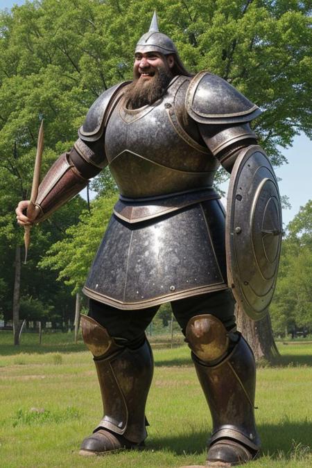 ((wide grassy valley)) giant Philistine with beard (((wearing iron scale armor))) and holding a wooden tower shield and giant wooden spear with an iron head, laughing