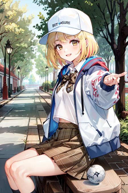 (masterpiece, best quality:1.5),<lyco:Chieru-v7-000015:0.8>,chierureal,blonde hair,multicolored hair,jacket,skirt,brown skirt,school uniform,plaid,hood,white headwear,baseball cap,1girl,solo,(forest:1.3),(nature:1.3),(cowboy shot:1.3),smile,sitting,