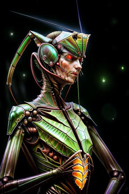 Beautiful portrait of a tall person, (long neck, slender arms), (Mantis armor, insectoid shell, crab crown, luminescence, glitter), detailed background, intense expression, surging power, floating particles, reflections, darkness, epic atmosphere,