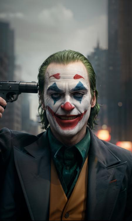 Joker (pointing a gun at his own head) <lora:Joker:0.6>, crazy laughing, high detail, sharp focus, photorealistic, moody, smokey, hyperdetailed, 8k, frostbite 3 engine, cryengine, dof, trending on artstation, digital art,( front facing:1.1), city in the background, psycho, psychopath, upper body shot, super detailed hair