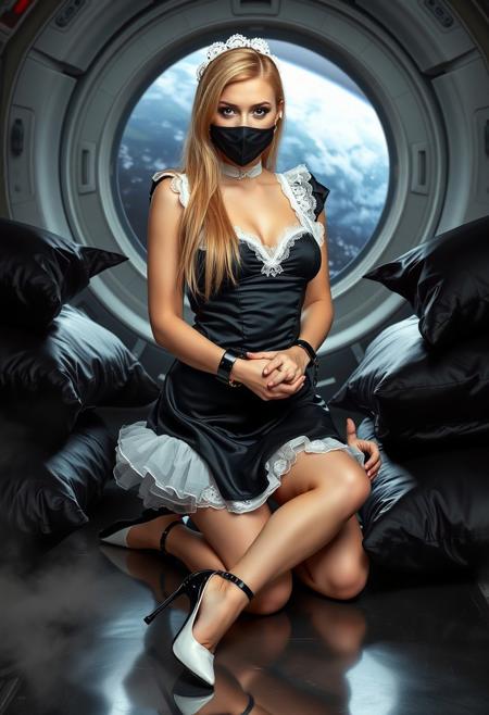 arrogant slender blonde maid  kneeling in sexy glossy black satin  french maid  uniform  with white  lace appron, white tulle petticoat,  white silk stockings, glossy  black high heels with ankle straps,  gagged, hands handcuffed,  surrounded by  black foil pillows, giant porthole to space at background, masterpiece, provocative, femine, long hairs,  absurdres,  polished steel floor, fog from the floor, masterwork, realistic, space_station,  indoors, dim_lighting, high_contrast, solo,