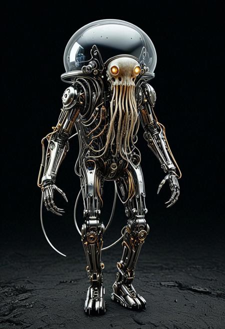 8k, Tilt shift photography style, mechanical jellyfish head zombie, walking, silver armor, shick shark arms, black face visor, mechanical back pack, shilver circuits, propeller on body, walking on the cave, simple dark background, minimalist,extremely detailed,qu4ntum