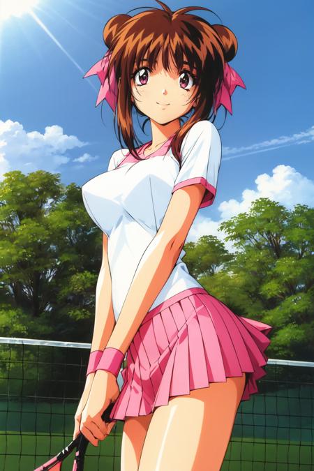 nanakn, 1girl, solo, tennis uniform, hair ribbon, pink wristband, miniskirt, pleated skirt, pink skirt, retro artstyle, 1990s (style), chain-link fence, smile, outdoors, standing, looking at viewer, closed mouth <lora:nanakn_V2-11:0.7>