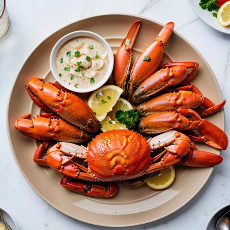 food platters,no humans,food focus,still life,food,realistic,plate,<lora:foodplatters:0.5>,crab,seafood,