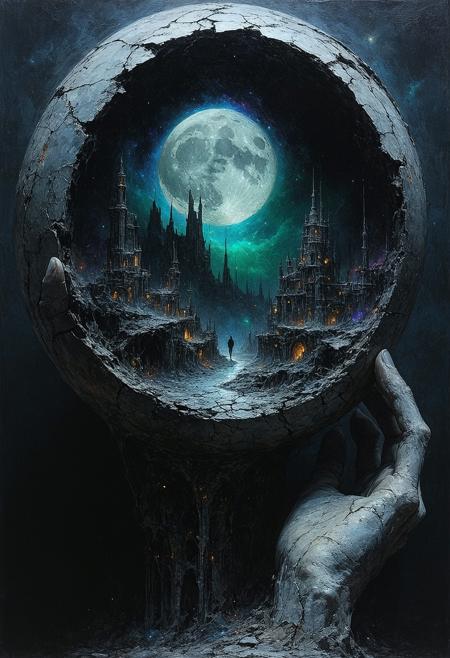 Painterly dark fantasy illustration, style of Brom and Zdzisław Beksiński. Medium close-up: A figure fused from cracked porcelain doll fragments and rusted clockwork gears, hunched posture, gazes intently into a shimmering obsidian orb glowing with internal nebula-like light. Within the orb, a sharp, miniature vision: a sprawling cityscape meticulously constructed from iridescent, shifting beetle wings. Dramatic moonlight casts stark highlights on cracked porcelain and corroded metal, contrasting deep abyssal shadows. Visible, textured brushstrokes. Swirling chromatic dust motes obscure the background. Atmosphere of detached fascination, impossible construction, dreamlike logic.