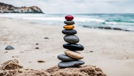 NurLens photography, \n\n\na beautiful stack of rocks sitting on top of a beach, a picture, red black white golden colors, chakras, packshot, stock photo,  ((best quality)),((masterpiece)),((detailed))