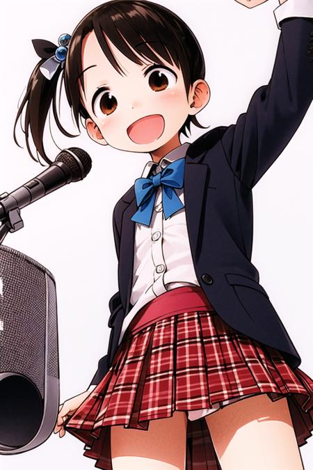 Ichigo Mashimaro,1girl, solo, skirt, hat, brown hair, microphone, hair ornament, plaid, bow, brown eyes, jacket, open mouth, smile, hair bobbles, bowtie, looking at viewer, short hair, plaid skirt, top hat, simple background, school uniform, pleated skirt, holding, white background, long sleeves, :d, mini hat, blush, blazer, side ponytail, shirt, child, cowboy shot, black headwear, one side up, white shirt, black jacket, holding microphone, red skirt, cropped legs, <lora:Ichigo Mashimaro:0.8>