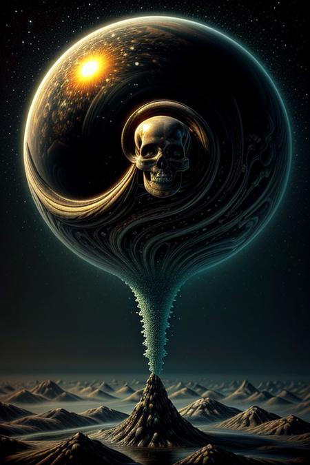 A close-up photorealistic image of a crystal-like floating skull facing dynamic view with its mouth open, pouring from it's mouth a shimmering liquid resembling the universe onto the ground, filled with rich stars and swirling galaxies. A simple void background enhances the dark atmosphere, shrouded in fog, capturing the hypnotic flow and shimmer of the cosmic liquid, form below,