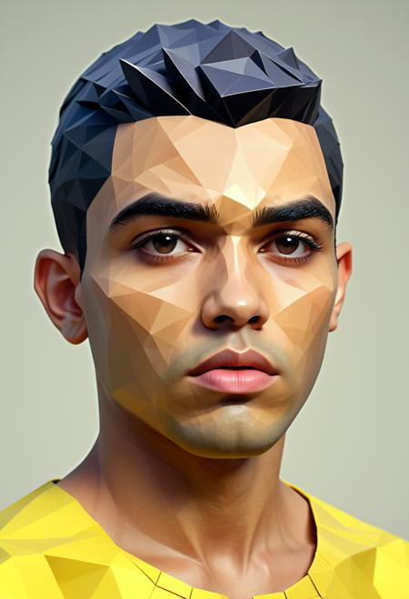 man made of polygon, hair made of polygon, clothes made of polygon, Polygonal shapes, geometric designs, three-dimensional models, ((low poly)), minimalism, straight on view, a young egyptian man, fashion model, short textured hair (hairstyle), furrowed brow with a concentrated gaze and slightly parted lips, Close-Up Shot, (((polygon)))