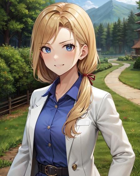 best quality, (masterpiece:1.2), illustration, absurdres,
(1girl), (solo), (beautiful detailed girl), (upper body, portrait),,
<lora:Erika-06:0.9>, Erika Russell, blonde hair, long hair, hair over shoulder, red ribbon in hair, medium breasts,
white labcoat, blue shirt, long black skirt, pantyhose, red high heels,
proud, (angry:0.8), smug, smile,
particles, enchanting, magical, magic, grassy mountains, trees, chinese architecture, river, plants,