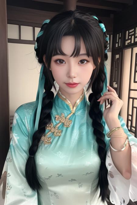 xishi,  shiyujiangnan, china dress, chinese clothes, ribbon, jewelry, bracelet, long sleeves, see-through, see-through sleeves,  black hair, long hair, twin braids, double bun, hair ribbon, hair rings, hair ornament,