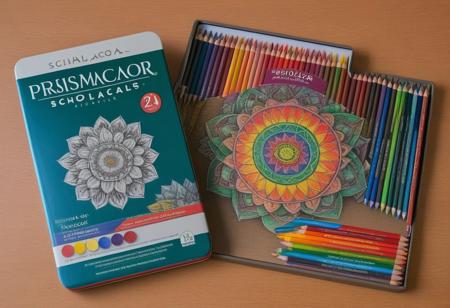 “Prismacolor Scholar” colored pencils (Box of 24), with an open mandala book which has started to be colored, pencils next to the book