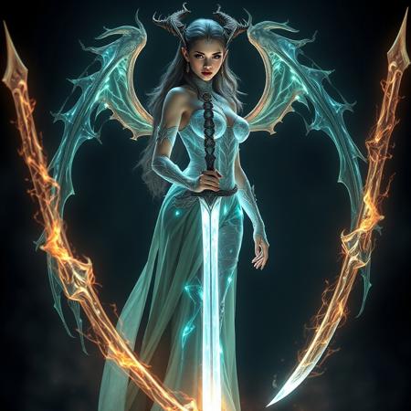 archaea/humanoid/female, stands up and she looks at the viewer seductively and alluringly, the camera pans out then she walks toward the viewer, slight breeze, realistic physics for clothing and her bioluminescence translucent body and hair, weapons start controlling all elements drawing the power to her bioluminescence sword. Masterpiece, 32k, 16k, 8k, masterpiece character sheet.
