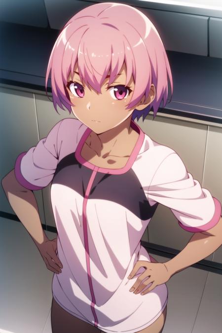 best quality, masterpiece,  <lora:monogatari-10:0.9>, solo, 1girl, short hair, pink hair,looking at viewer,  from from above, dark skin, hands on hips,