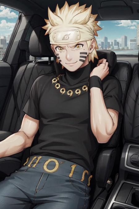 <lora:Naruto_SixPaths:0.95>, Naruto, 1boy, black bodysuit, yellow eyes, symbol-shape pupils, gold hair, headband, facial mark, black shirt, short sleeves, muscular, denim pants, outdoors, smile, looking away, city, sunny, driving car, car interior, inside car, sitting