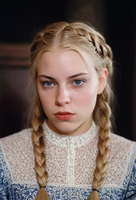 bokeh, (portrait), face focused, ClaudiaJ4mss, Claudia Jamsson, <lora:ClaudiaJ4mss-sdxl:1>, 1girl, skin detail, mid shot, royal garments, blonde, braided hair, ultra detailed, 8k, skin pores, grain, photograph, medieval aesthetic, 1990s cinema, analog, film, nineties, throne room, tapestries