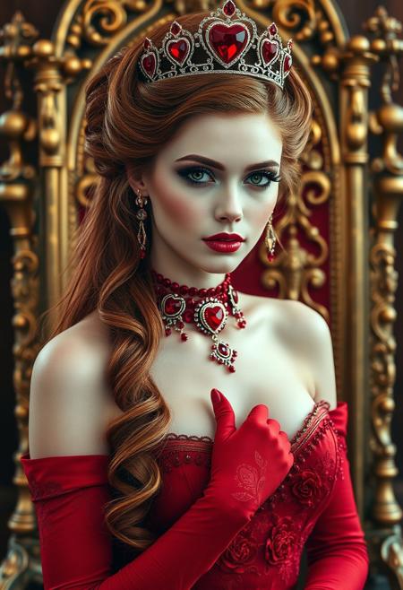 a gorgeous 30 years old caucasian woman, very pale skin, very long red hair in updo with curls hanging down and royal tiara with red heart jewels, long black eyelashes, black mascara, black eyeliner, big amber eyes, red sparkling smokey eyes eyeshadow, luscious sensual red glossy lips, rouge, sexy elegant curves, red elegant royal choker with hearts and roses jewelry, long red royal gloves with heart roses embroidery, long red royal dress with cleavage and heart roses embroidery, looking at viewer sensually and dominantly, Throne room