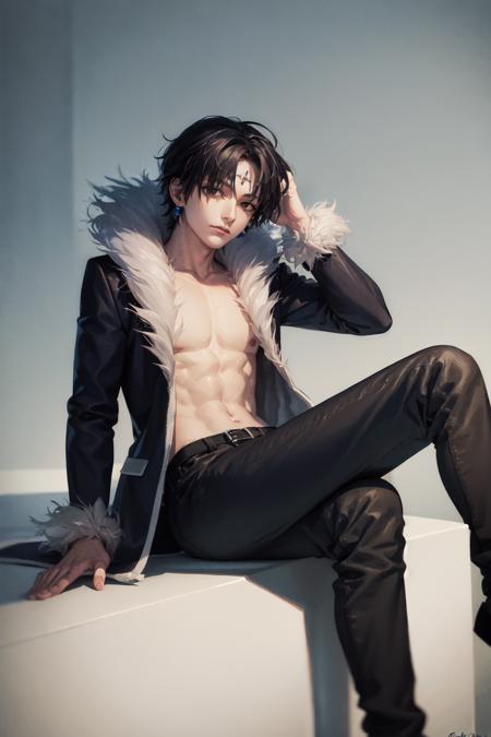 (masterpiece, best quality:1.2), <lora:hxh_lucilfer-10:0.8>, solo, male focus, 1boy, chrollo lucilfer, expressionless, closed mouth, sitting, crossed legs, fur trim, long coat, no shirt, black pants, jewelry, debris