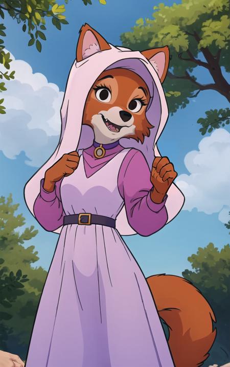 CARTOON_MaidMarian_ownwaifu,
1girl, furry, furry female, animal ears, black eyes, body fur, snout, two-tone fur, orange fur, animal nose, fangs,  tail,
dress, long sleeves, purple dress, veil, choker, jewelry, brooch, hood up, long dress, belt, gem, puffy sleeves,
<lora:CARTOON_MaidMarian_ownwaifu:0.65>
((masterpiece)),((best quality)),(highres, absurdres), original, official_art, looking at viewer, solo, focused, outdoors, day, cowboy shot,