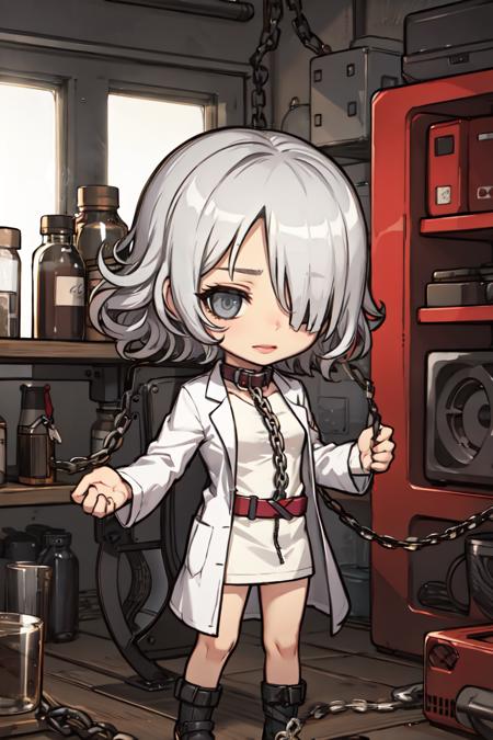 (best quality), (masterpiece), (Chibi), Ultra-detailed, [milf], queen, multiple clothes, lab coat, chain leash on neck, in the lab, [[[[[[[wavy hair]]]]]]], [[[[[[[ {mature_female}]]]]]]], grey_eyes, Thin_lips, White man, {grey_hair}, {hair_over_one_eye}, medium_breasts, {messy_hair}, {short_hair}