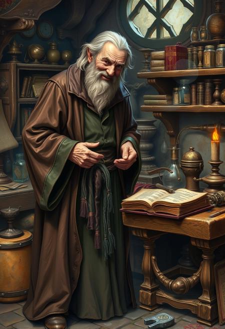 A spellbinding sorcerer, his features adorned with wisdom and intrigue, stands over his enchanting workbench. His long robe reaches the flagstone floor as he looks at the grimoire on his cluttered bench. A satisfied smile plays across his weathered face, hinting at secrets known only to him. Magical paraphernalia. This detailed image, reminiscent of a masterful painting, captures the essence of magic and mystery, drawing viewers into a world of endless possibilities and enchantment. Rich colours and intricate details bring this scene to life, evoking a sense of wonder and fascination.