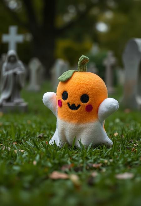 A cute pumpkin shaped ghost plushie in a graveyard.