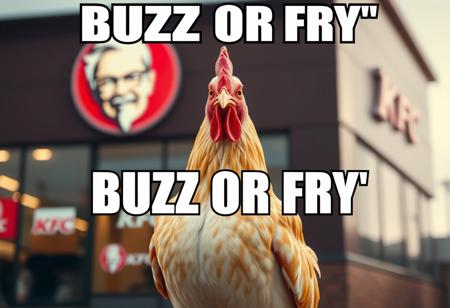 “A realistic, detailed chicken standing confidently in front of a KFC restaurant. The chicken has bright feathers, a sharp gaze, and a proud stance as if aware of its surroundings. The KFC logo is visible in the background, slightly blurred for depth. The scene is captured in a cinematic style with balanced lighting, slightly warm tones, and a shallow depth of field. Overlay bold white text with a black outline in meme style at the top: ‘BUZZ OR FRY’.”